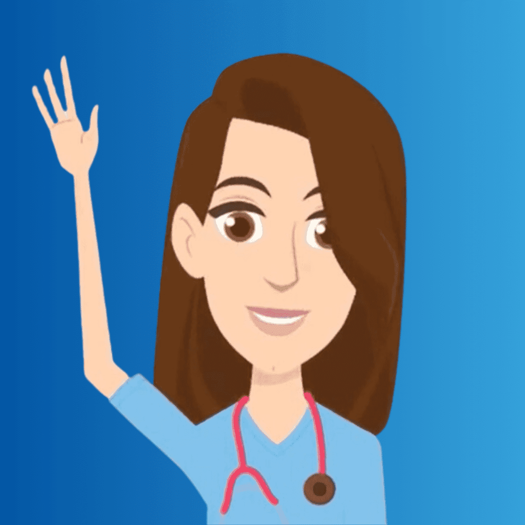 Image of a cartoon woman on a blue background from chest upwards with long brown hair, waving at viewer with a stethoscope,around her neck,